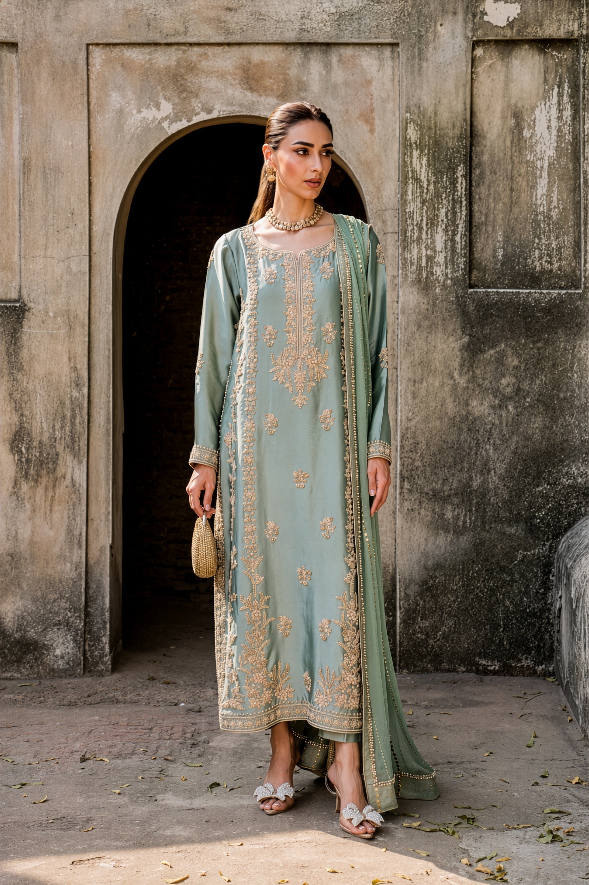 Hussain Rehar Mint Green & Gold Silk Pakistani occasion suit view 1
