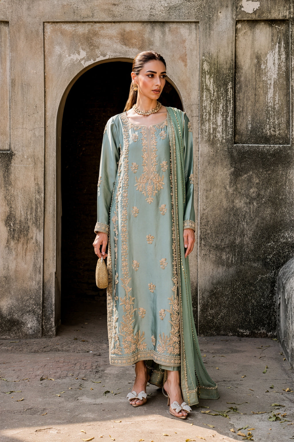 Hussain Rehar Mint Green & Gold Silk Pakistani occasion suit view 1