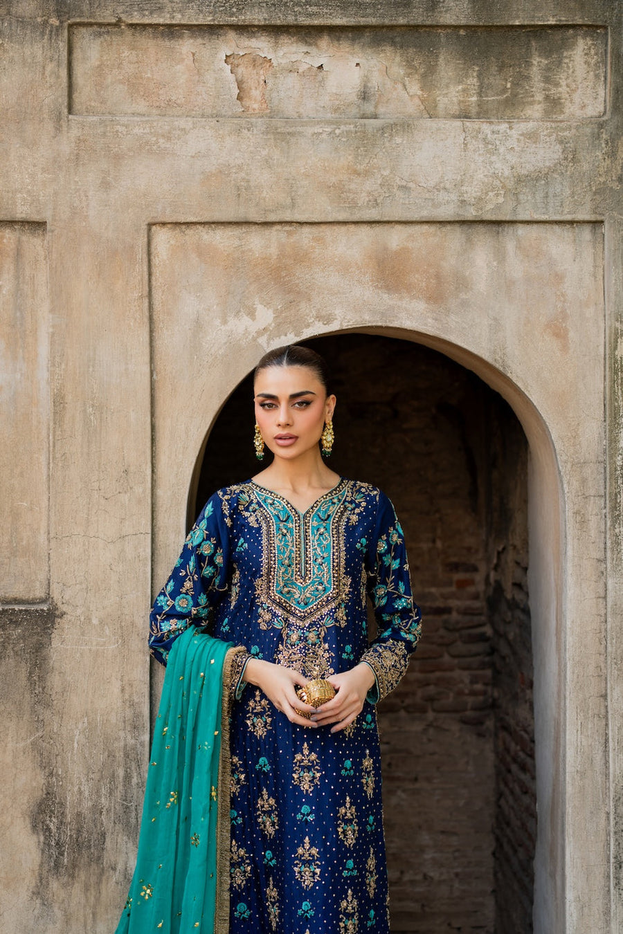 NOOSHAM Navy Blue & Turquoise Lawn embroidered dress fabric view 2
