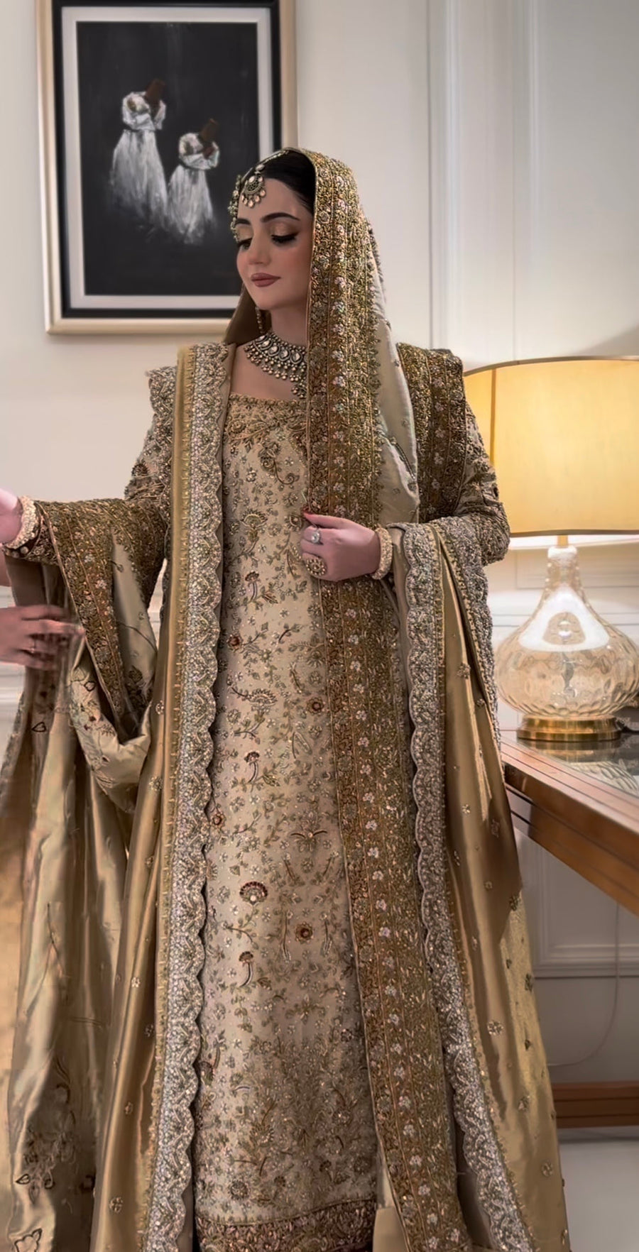 Haris Shakeel Beige & Gold Lawn embroidered dupatta view 1