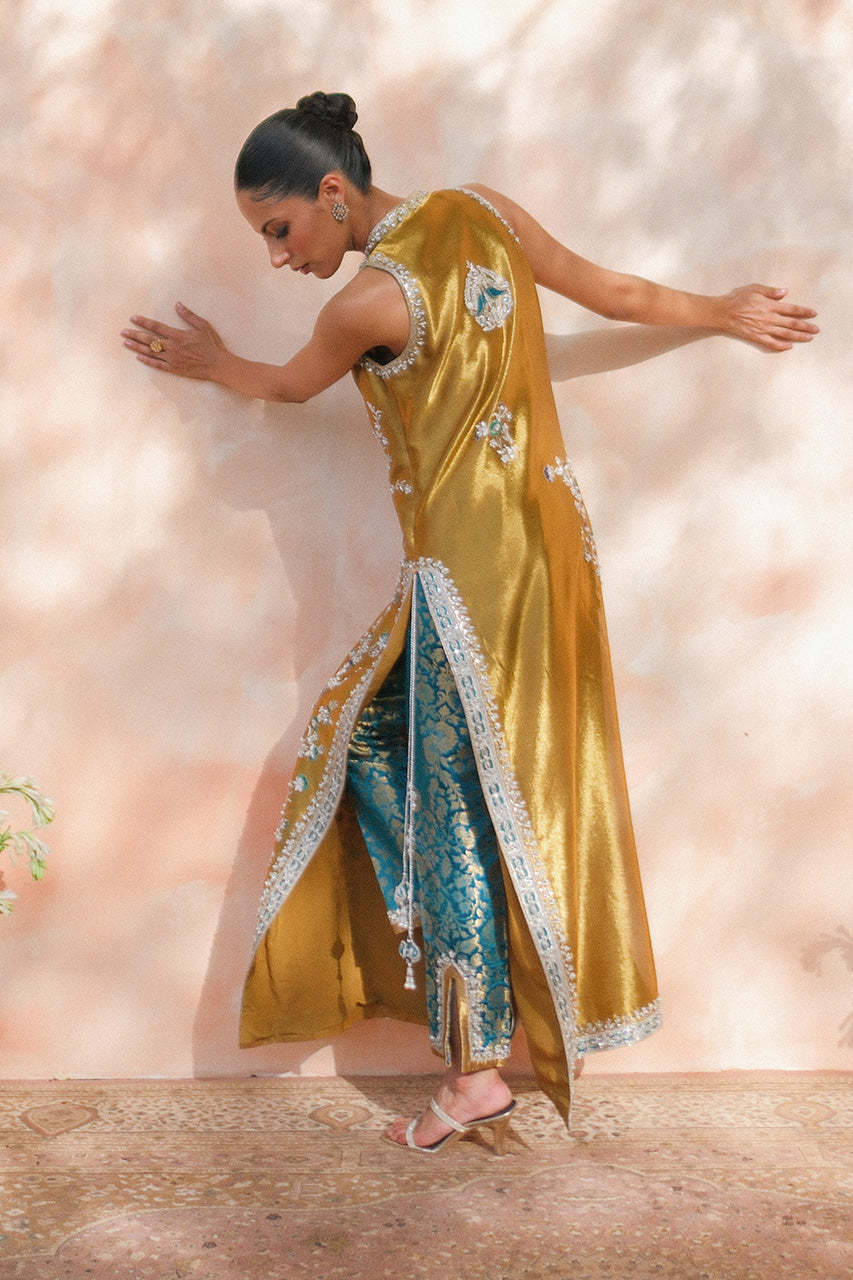 Sania Maskatiya Mustard Yellow & Silver Zari embroidered dress fabric view 2