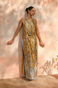 Sania Maskatiya Mustard Yellow & Silver Zari embroidered dress fabric view 1