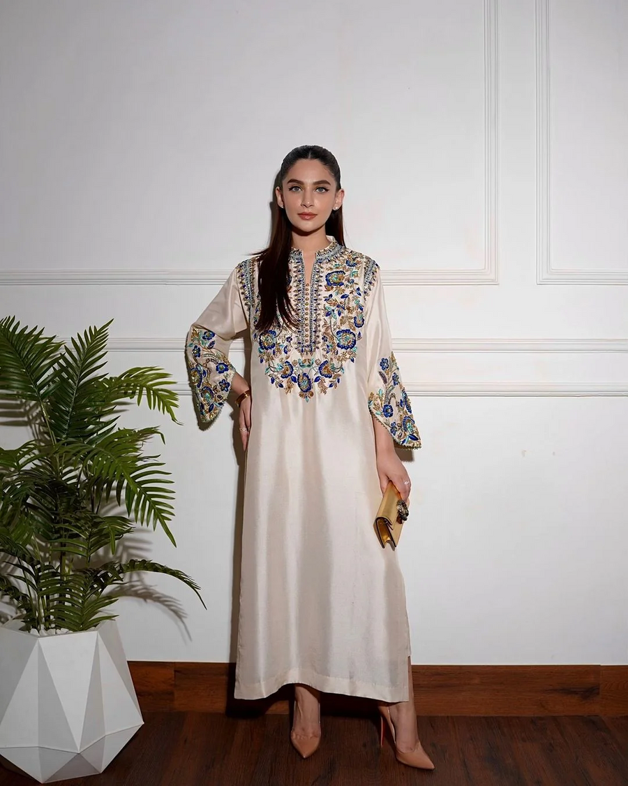 Alizey Saad Ivory & Royal Blue Silk embroidered dupatta view 2