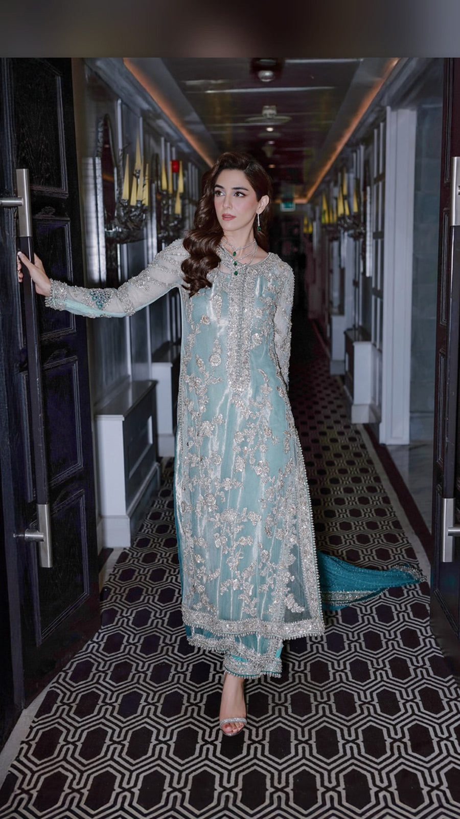 Sara Rohail Asghar Light Blue & Silver Silk embroidered dress fabric view 1