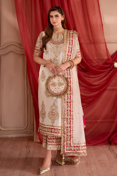 Shazia Kiyani Ivory & Red Silk embroidered dress fabric view 1
