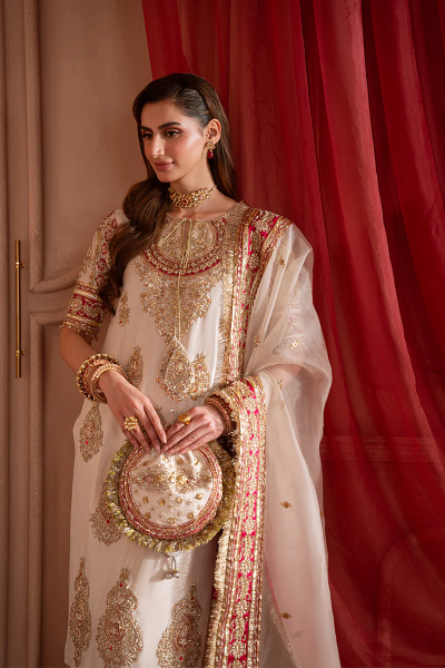 Shazia Kiyani Ivory & Red Silk embroidered dress fabric view 2