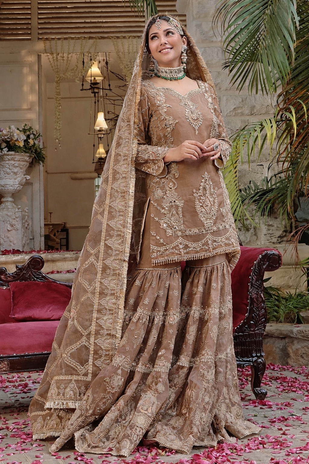 Naqshi Taupe & Gold Organza embroidered dress fabric view 1