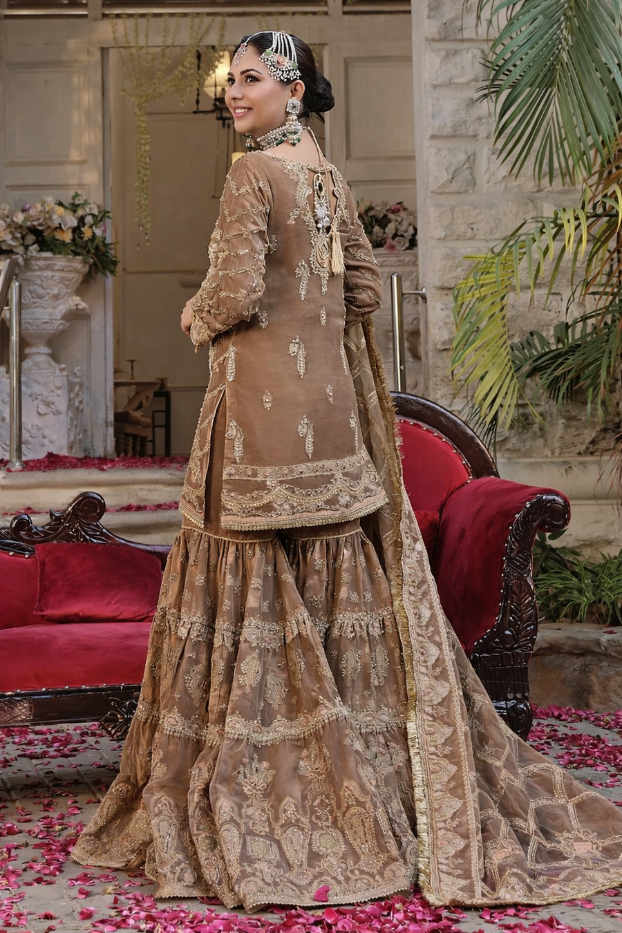 Naqshi Taupe & Gold Organza embroidered dress fabric view 2