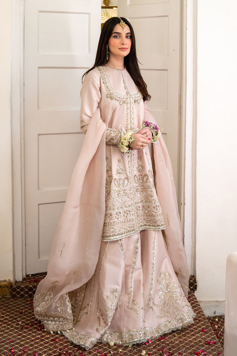 Hussain Rehar Ivory & Blush Pink Silk embroidered dress fabric view 1