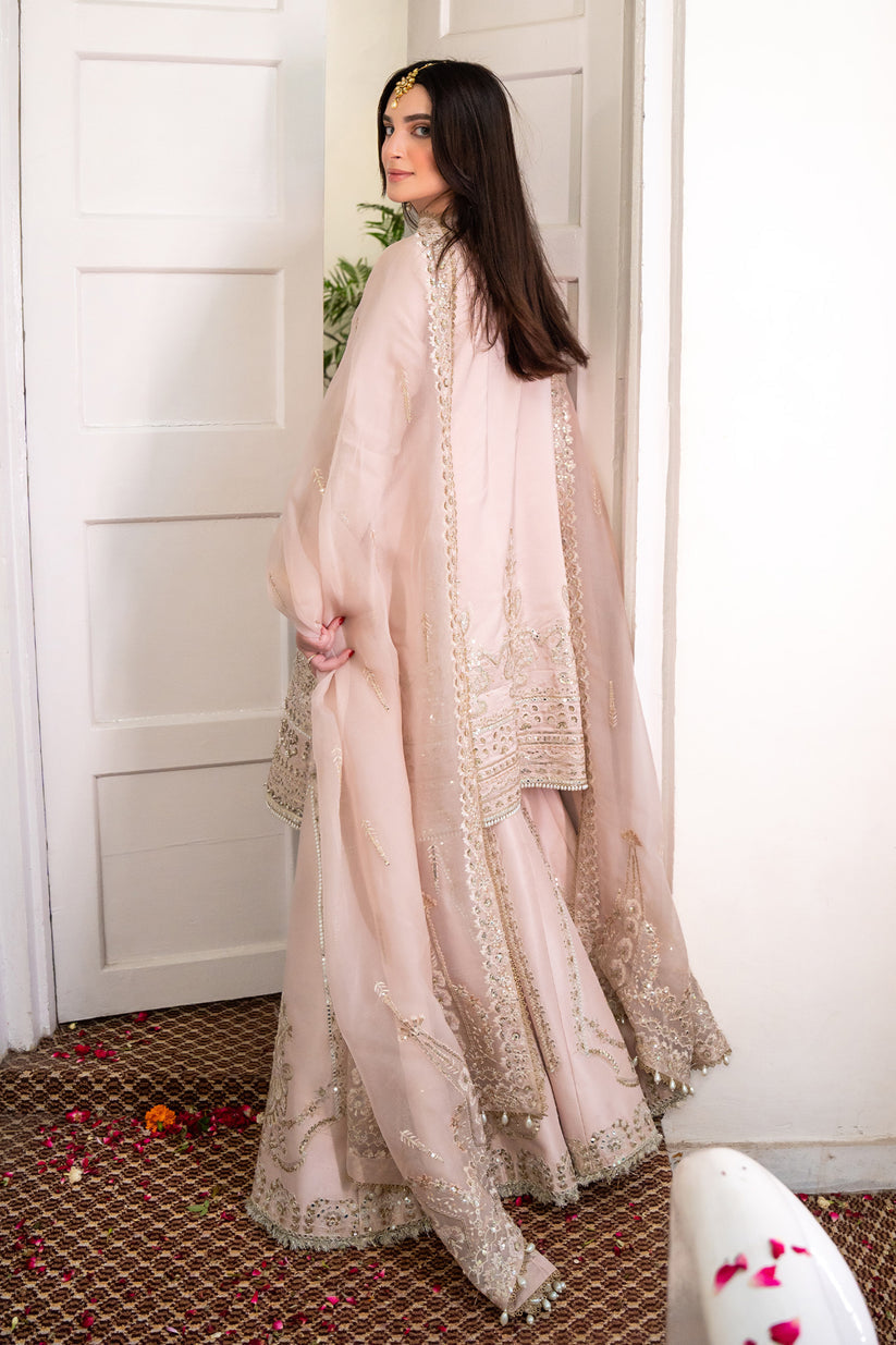 Hussain Rehar Ivory & Blush Pink Silk embroidered dress fabric view 2