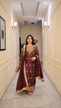 Hussain Rehar Burgundy & Gold Silk embroidered dress fabric view 1