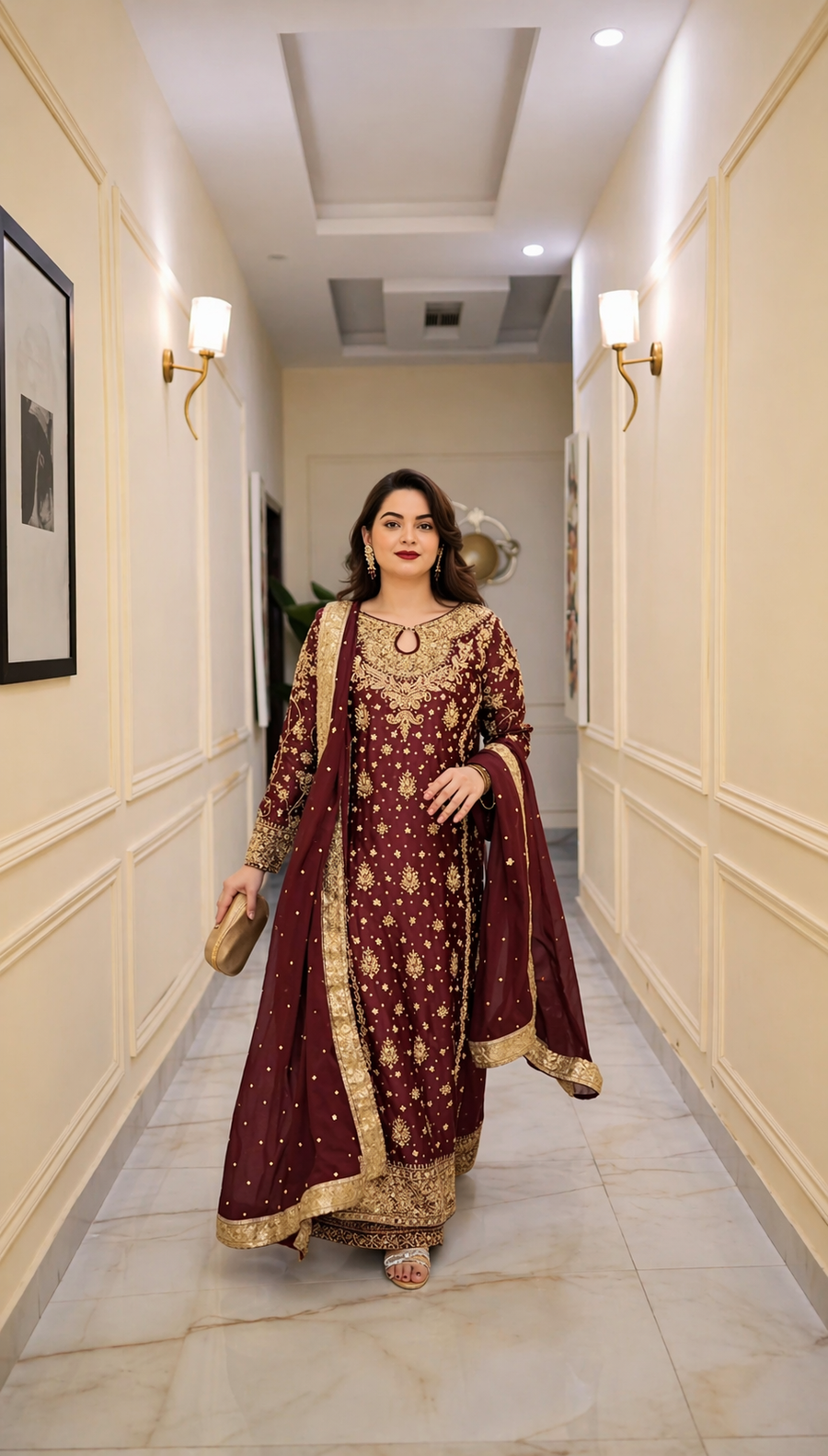 Hussain Rehar Burgundy & Gold Silk embroidered dress fabric view 1