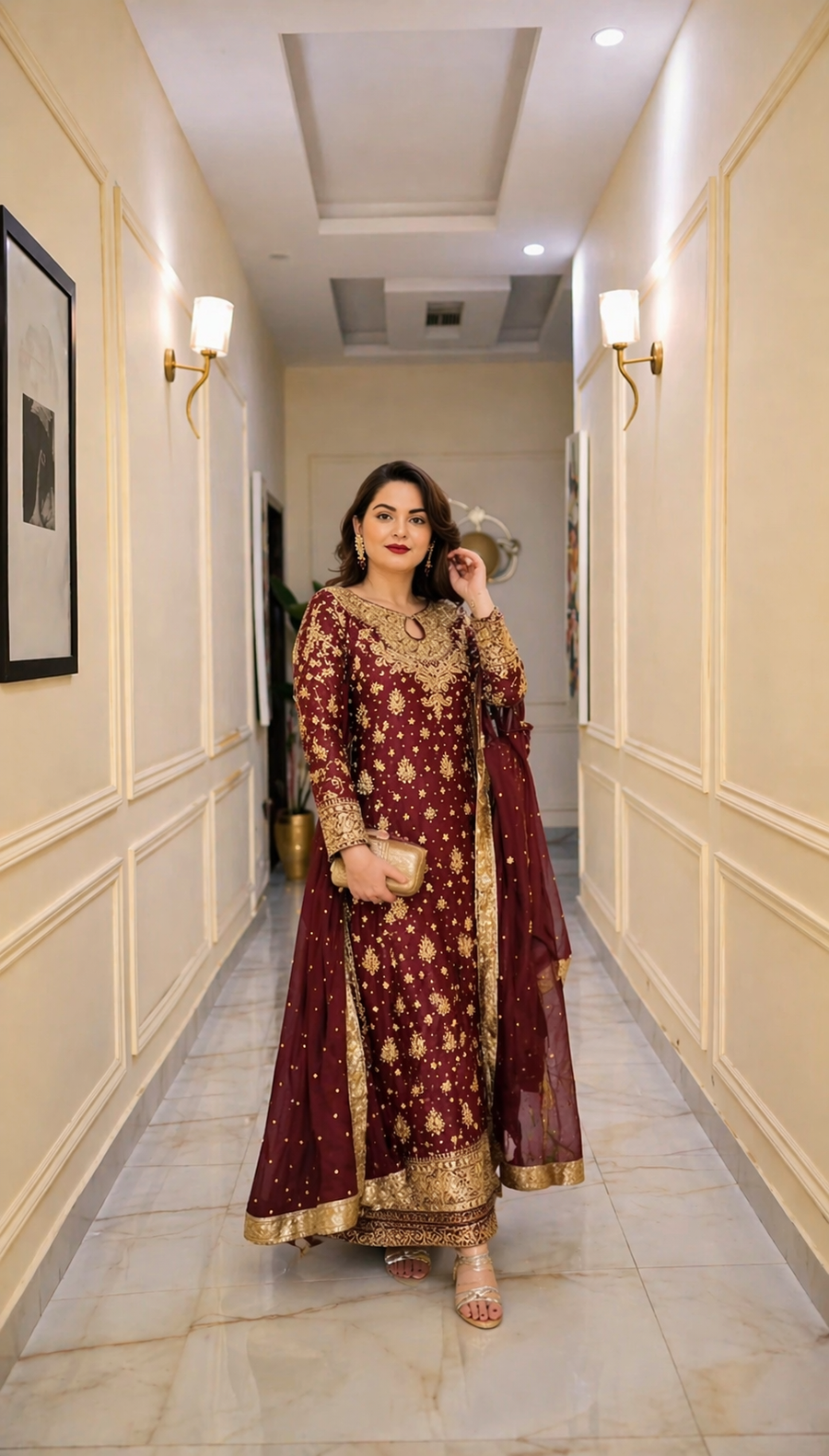 Hussain Rehar Burgundy & Gold Silk embroidered dress fabric view 2