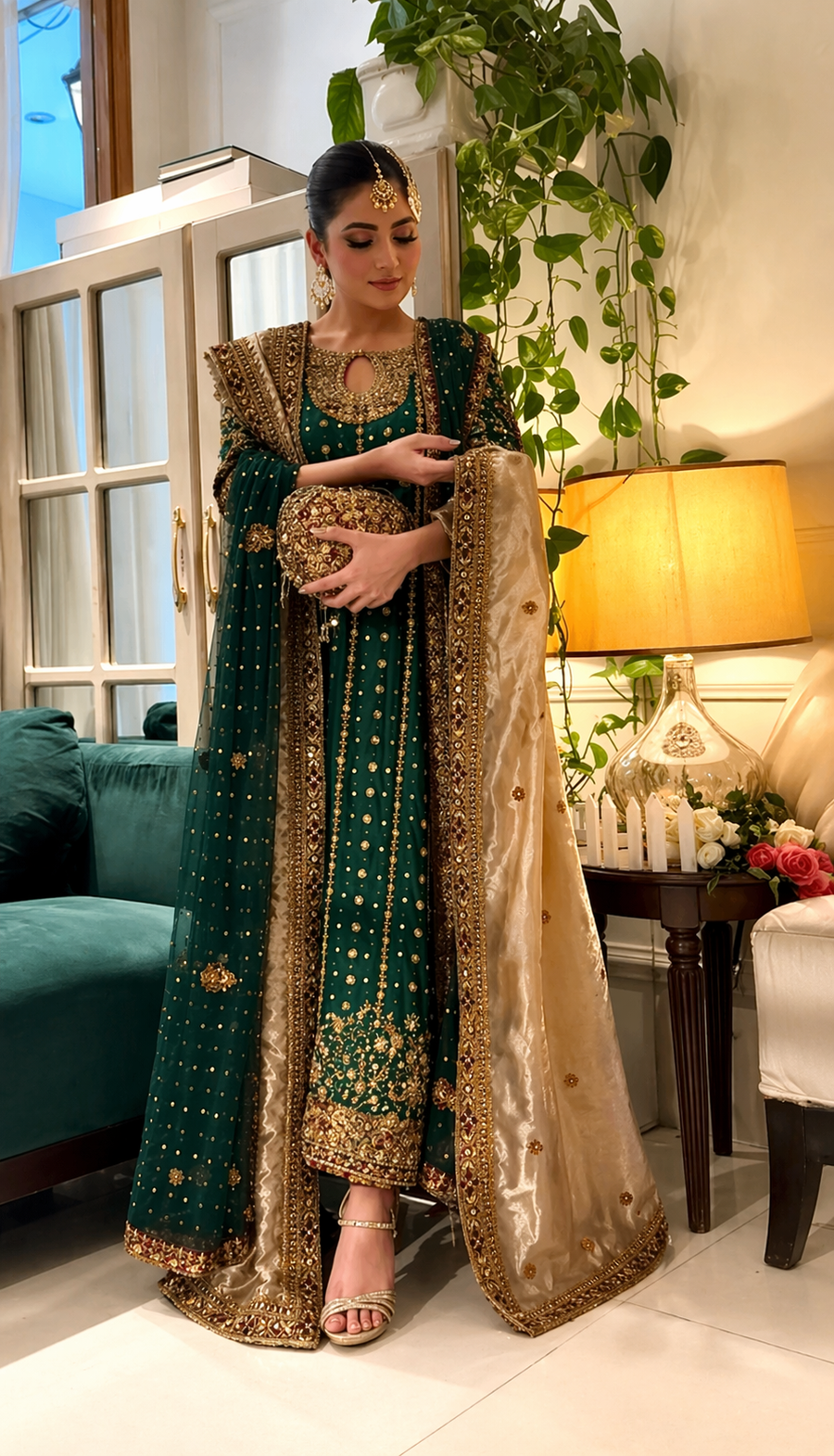 Haris Shakeel Emerald Green & Champagne Velvet embroidered dupatta view 1