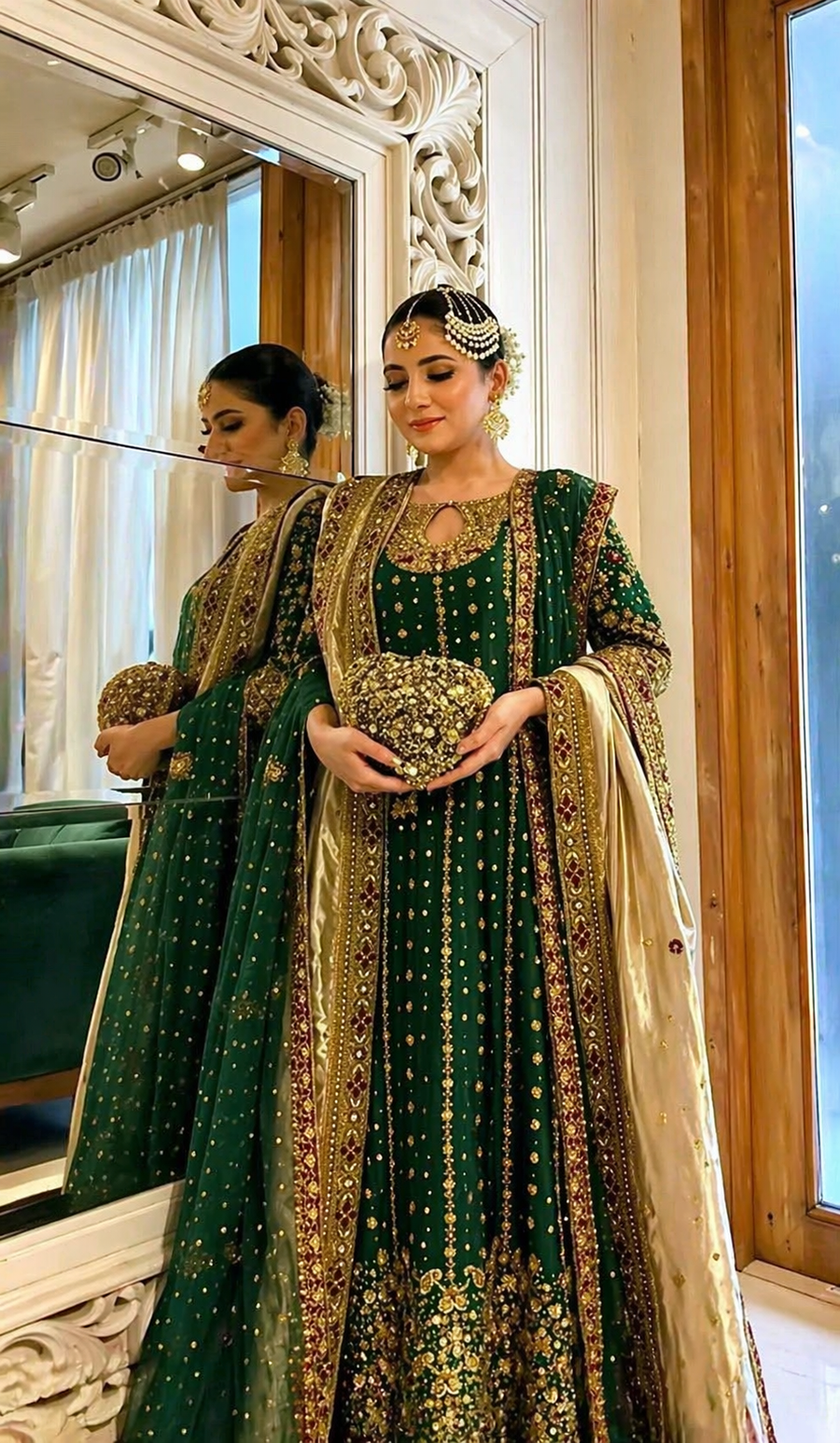 Haris Shakeel Emerald Green & Champagne Velvet embroidered dupatta view 2