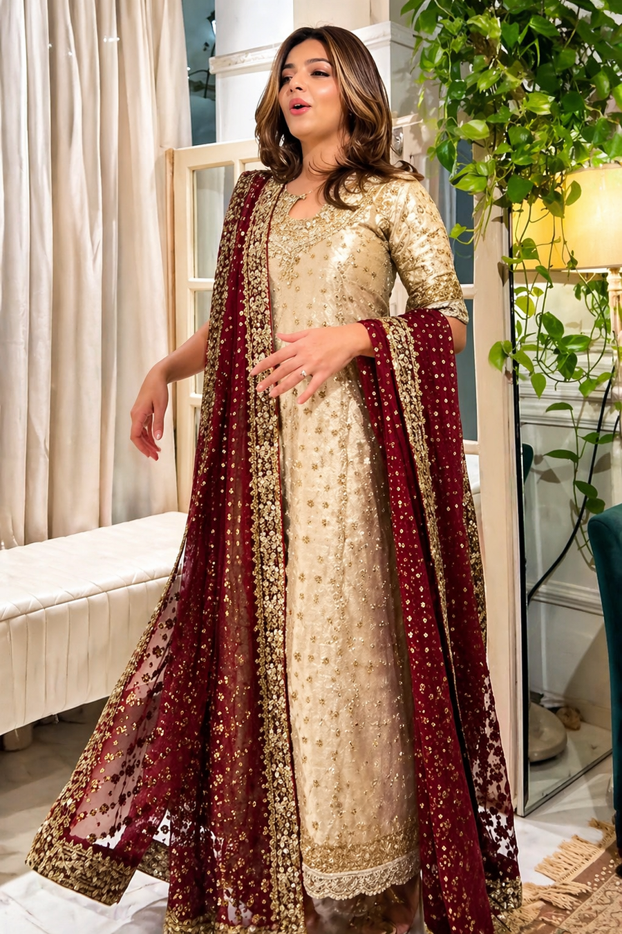 Haris Shakeel Red Lawn embroidered dupatta view 1
