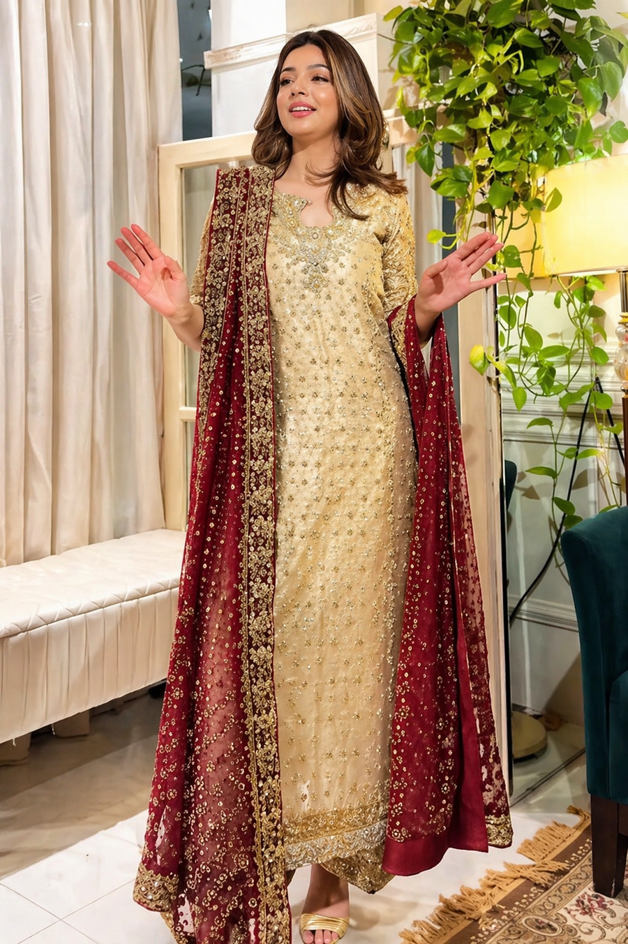 Haris Shakeel Red Lawn embroidered dupatta view 2