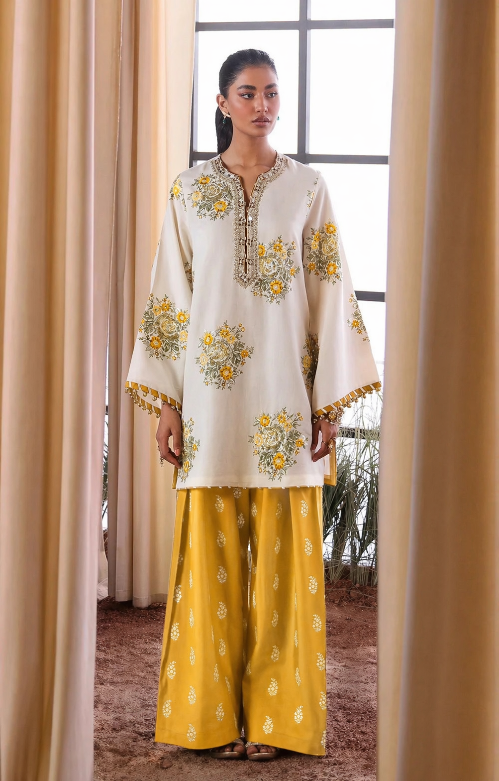 Ethnic Ivory & Mustard Yellow Silk embroidered dupatta view 1