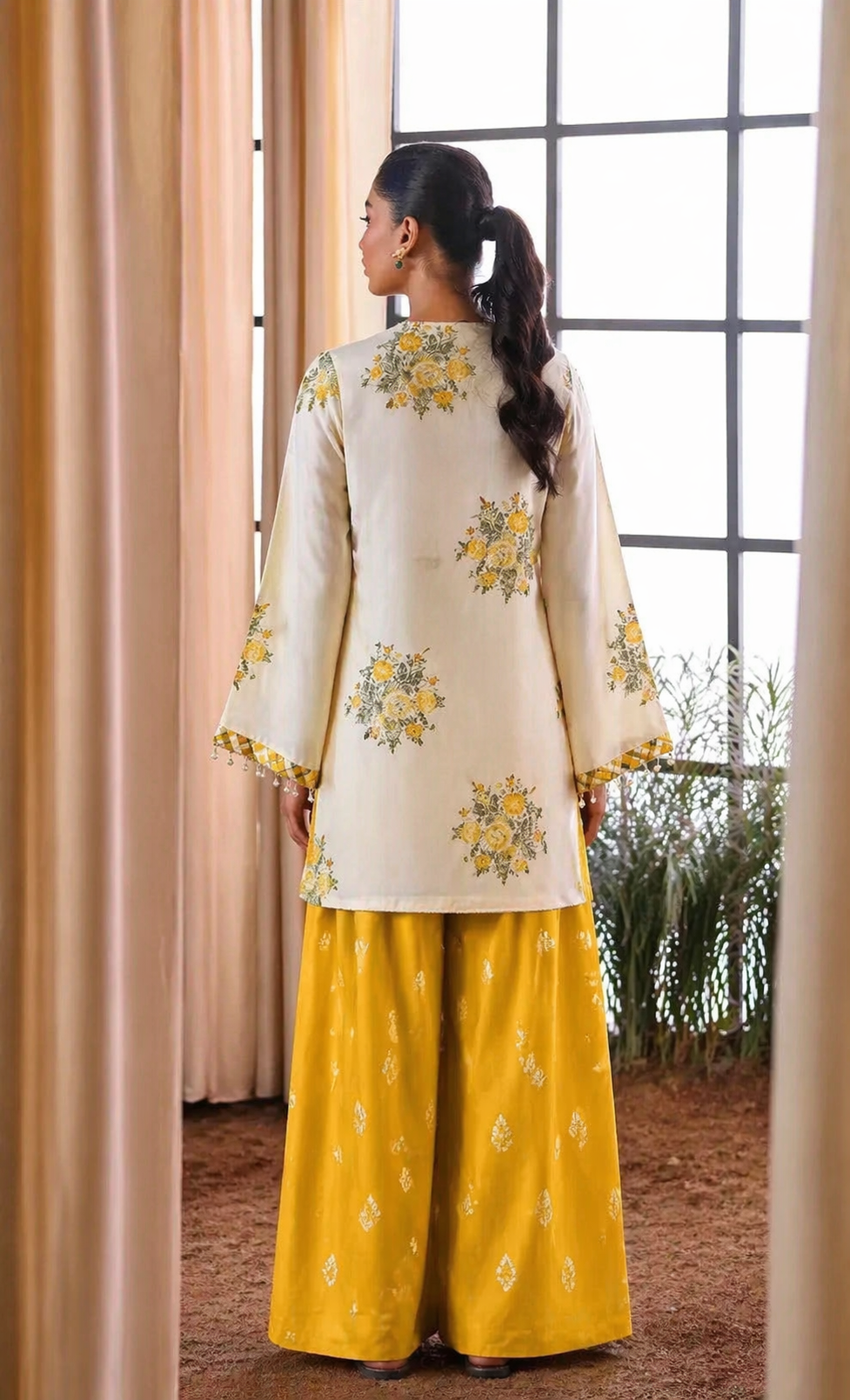 Ethnic Ivory & Mustard Yellow Silk embroidered dupatta view 2