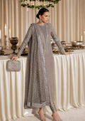 Hussain Rehar Grey & Silver Silk embroidered dress fabric view 1
