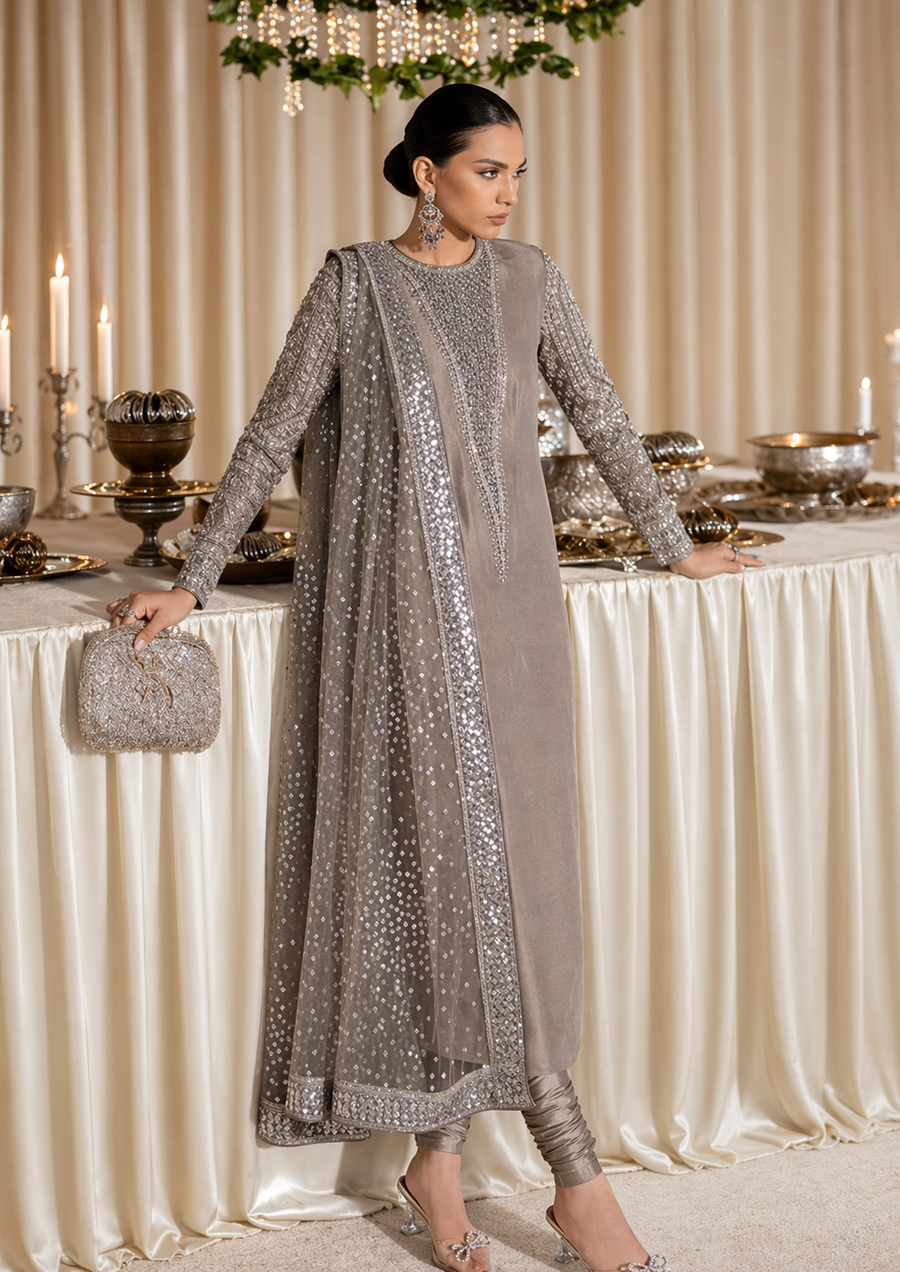 Hussain Rehar Grey & Silver Silk embroidered dress fabric view 1