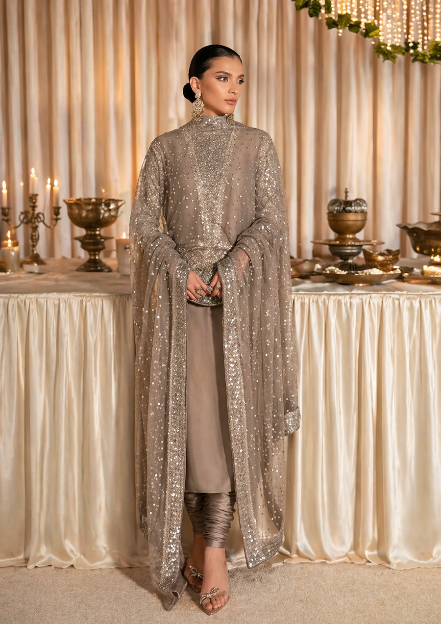 Hussain Rehar Grey & Silver Silk embroidered dress fabric view 2