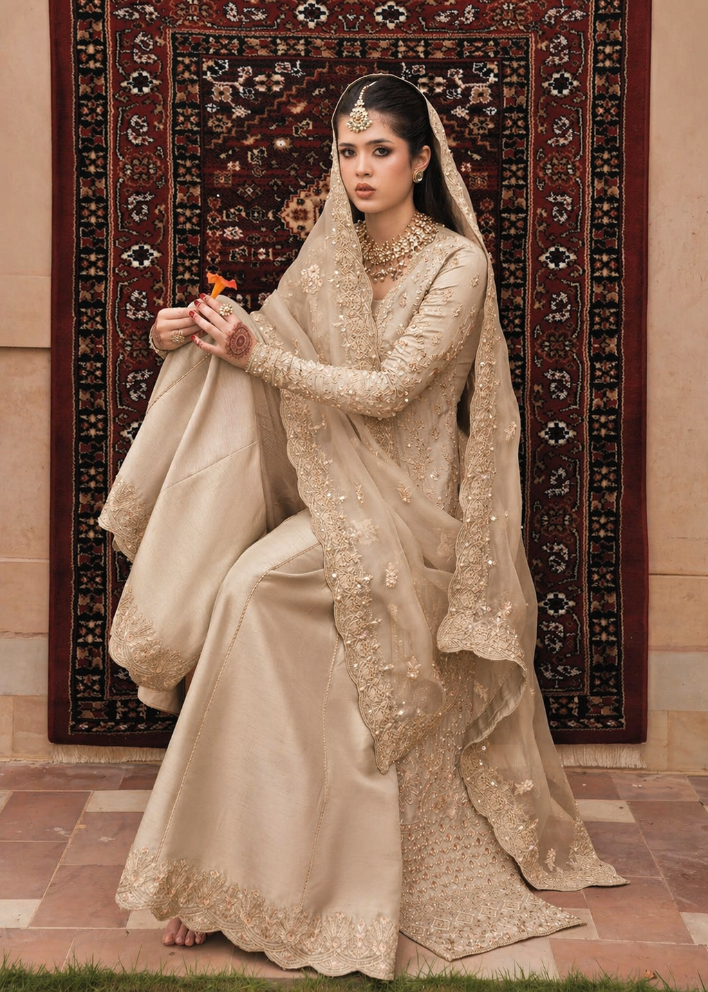 Kanwal Malik Champagne & Gold Organza embroidered dress fabric view 2