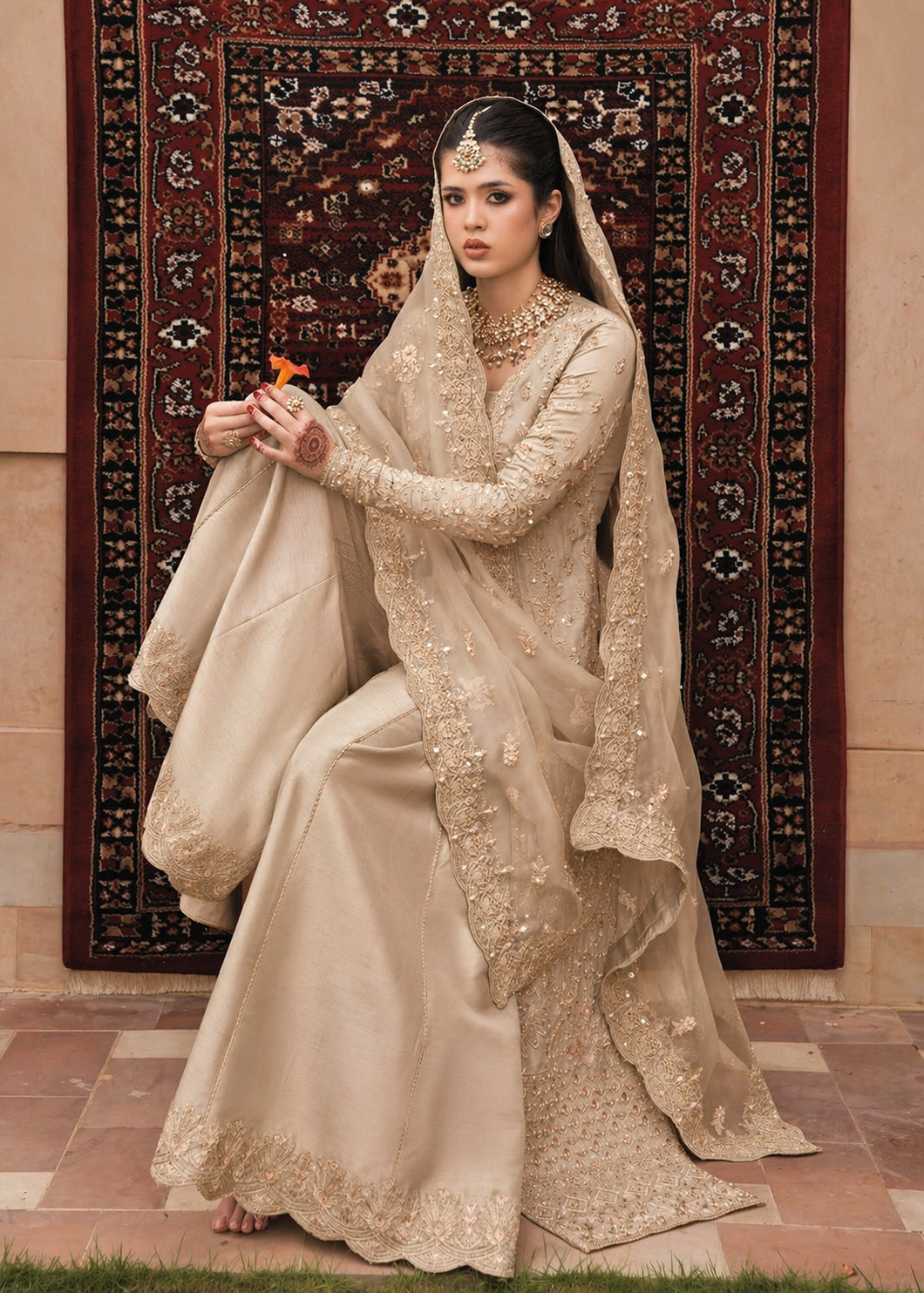 Kanwal Malik Champagne & Gold Organza embroidered dress fabric view 2