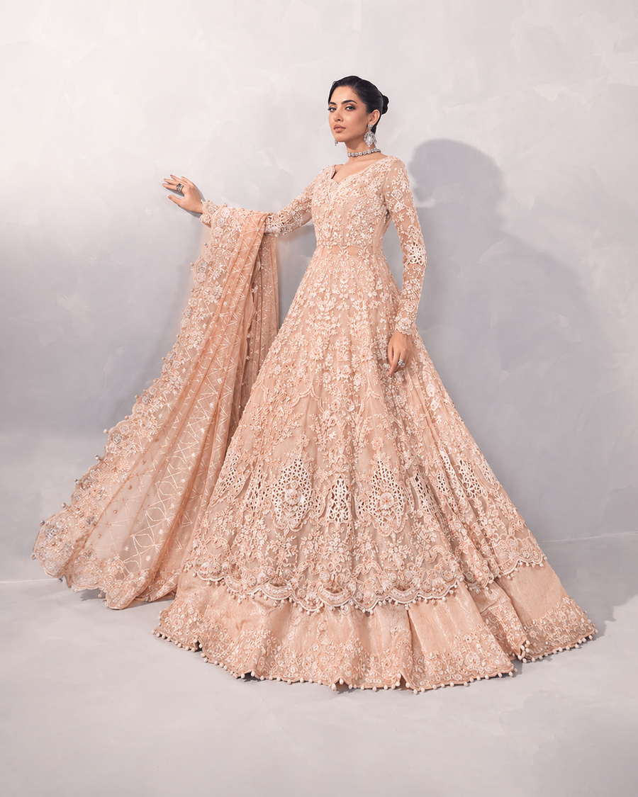 Maria B Blush Pink & Silver Net embroidered dress fabric view 1