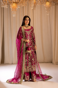 Tabya-Tabeer Fuchsia & Gold Velvet embroidered dress fabric view 1