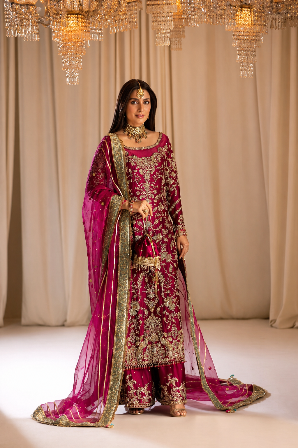 Tabya-Tabeer Fuchsia & Gold Velvet embroidered dress fabric view 1