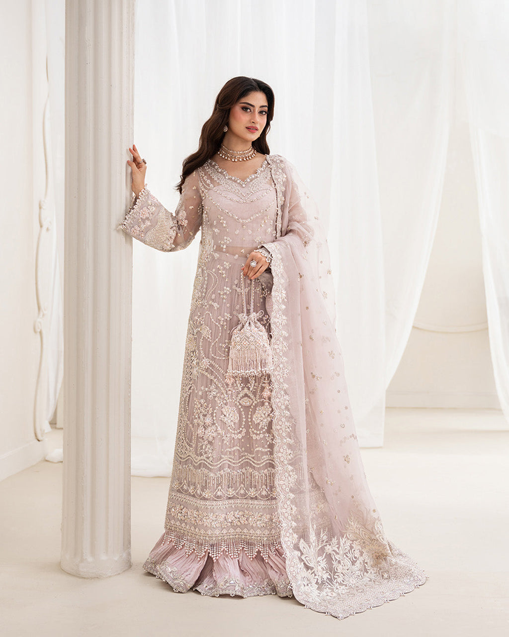 Faiza Saqlain Blush Pink & Silver Organza Pakistani occasion suit view 1