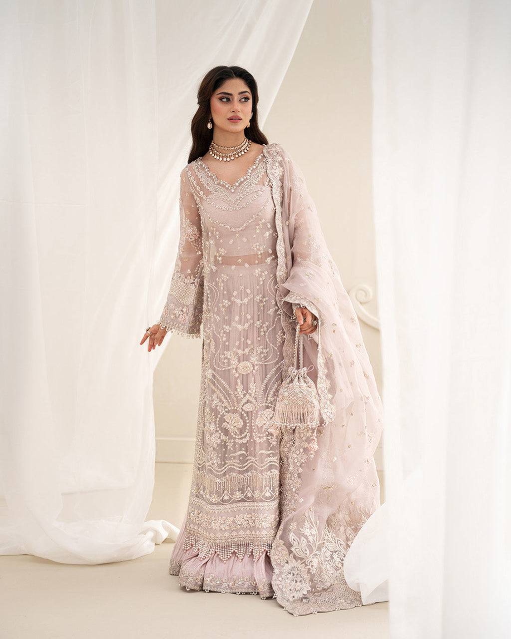 Faiza Saqlain Blush Pink & Silver Organza Pakistani occasion suit view 2