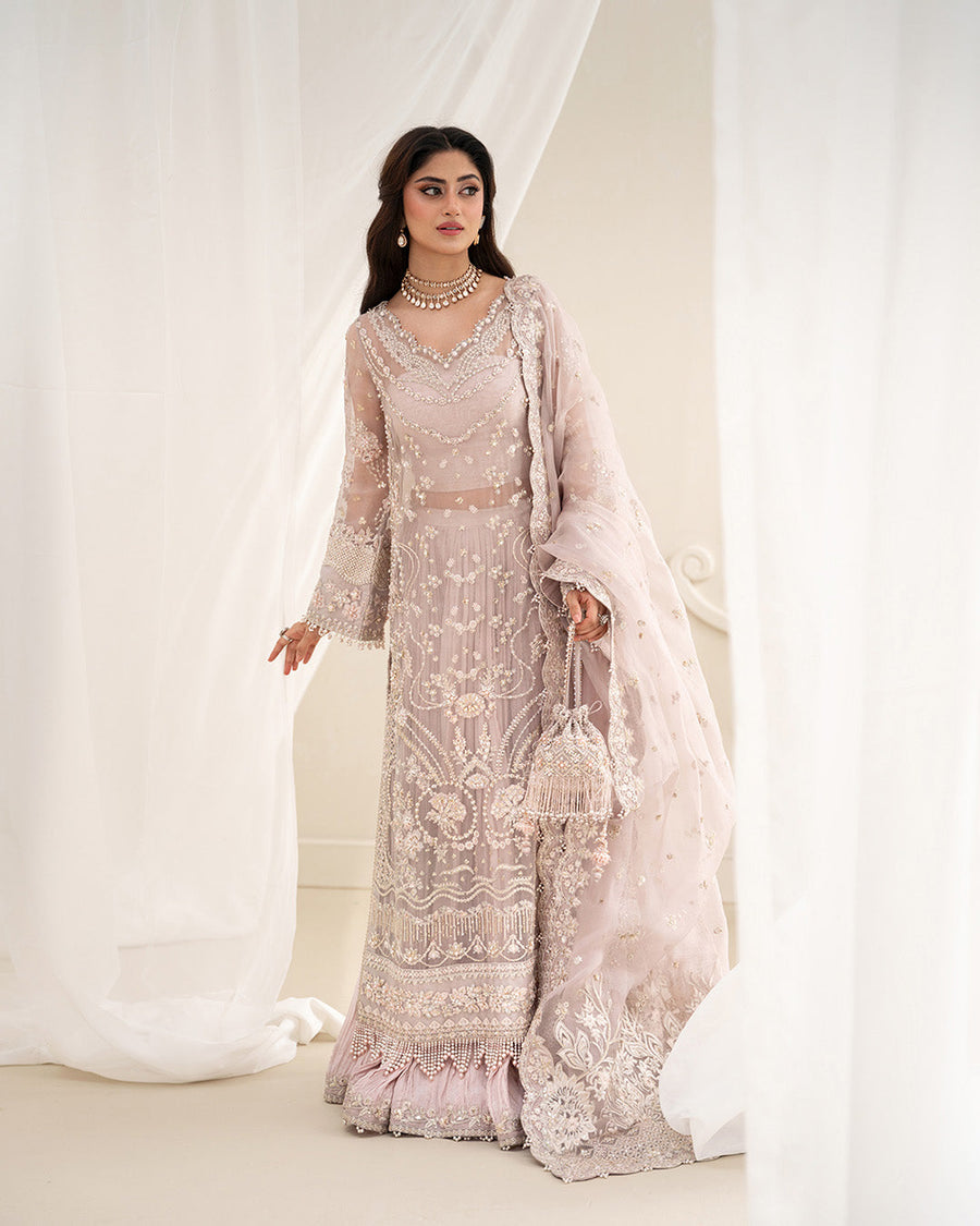 Faiza Saqlain Blush Pink & Silver Organza Pakistani occasion suit view 2
