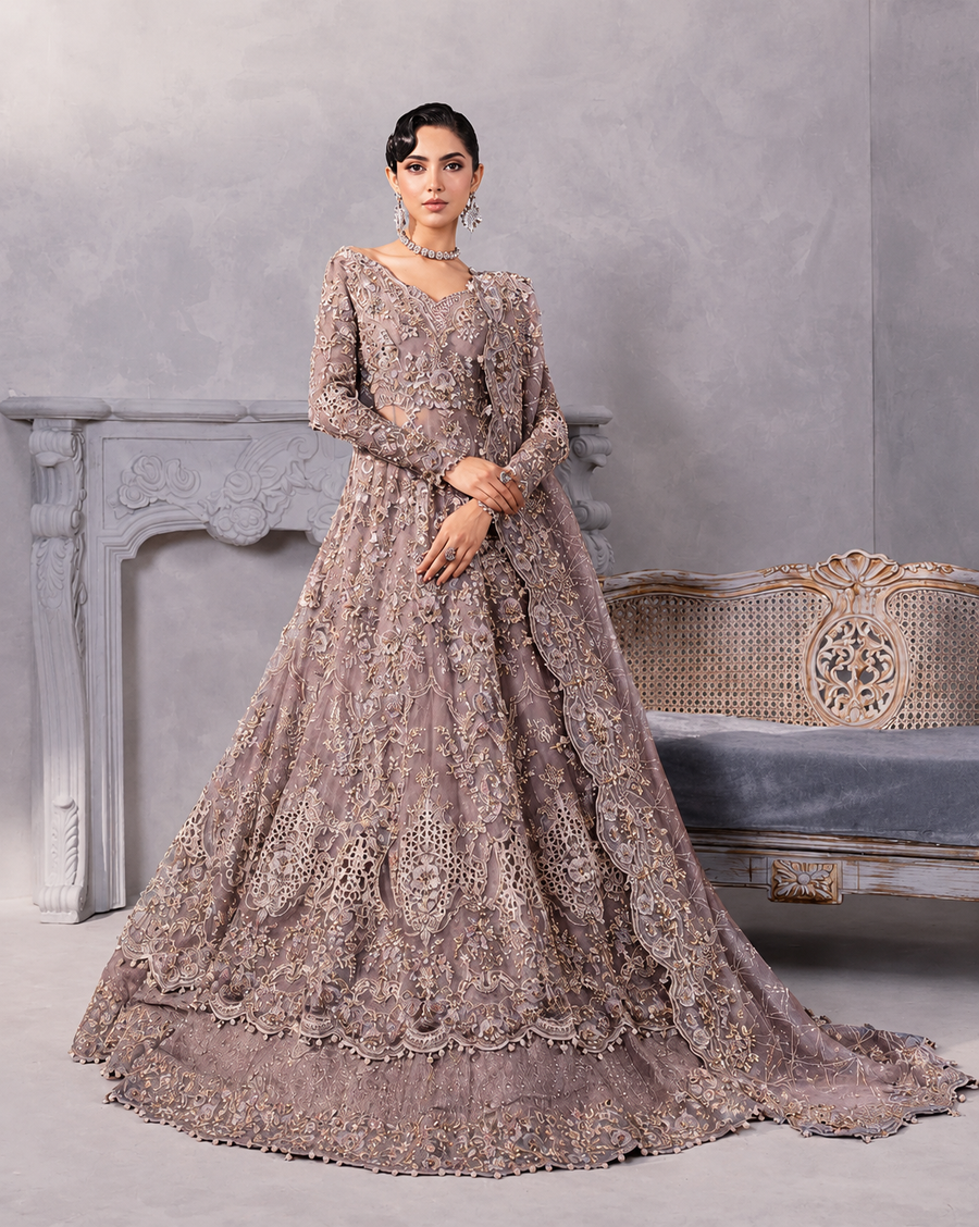 Maria B Dusty Mauve & Silver Net embroidered dress fabric view 1