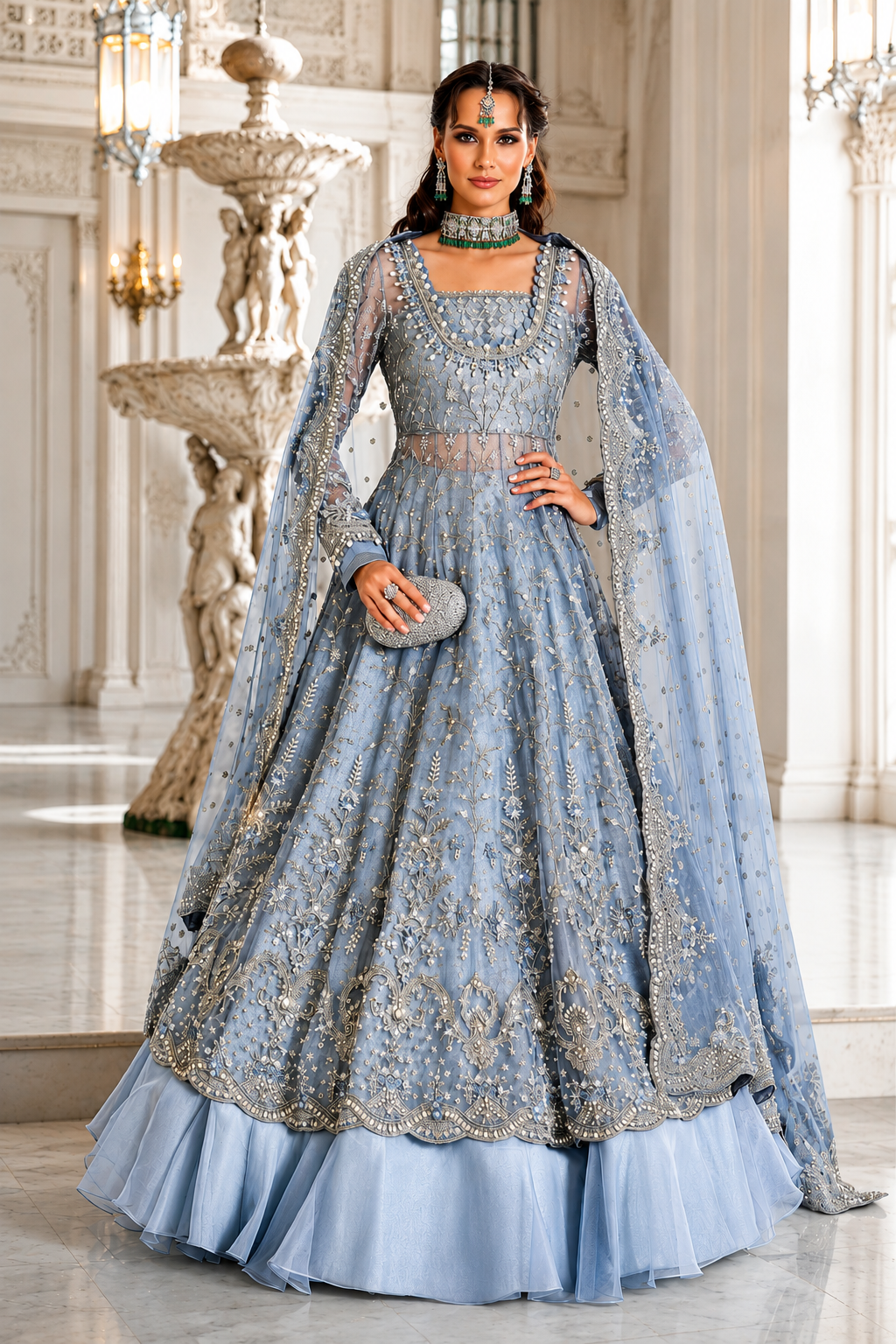 Maria B Powder Blue & Silver Net embroidered dress fabric view 1
