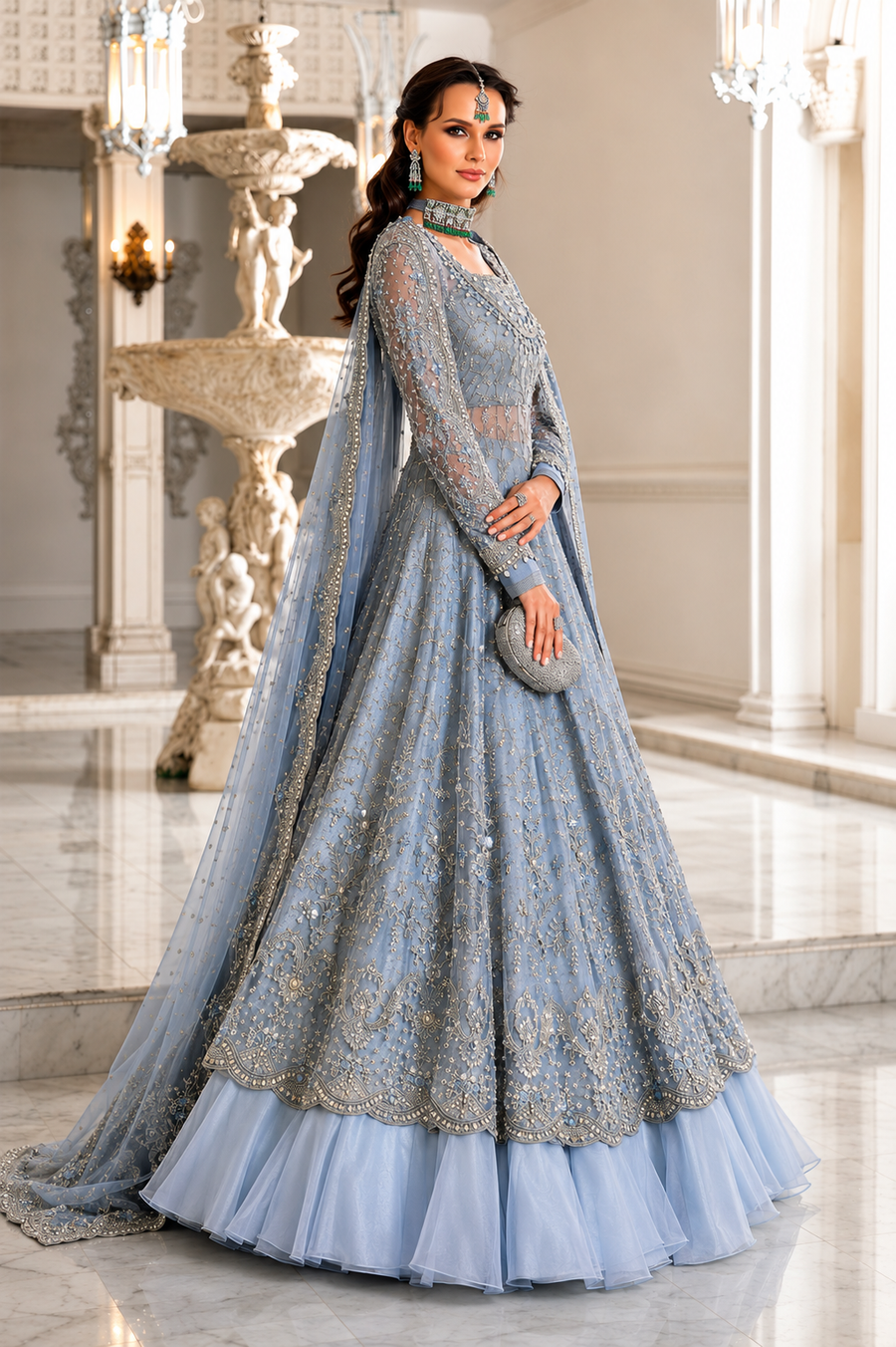 Maria B Powder Blue & Silver Net embroidered dress fabric view 2