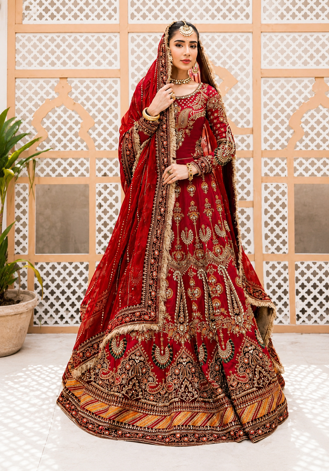 Maria B Red & Gold Net embroidered dress fabric view 1