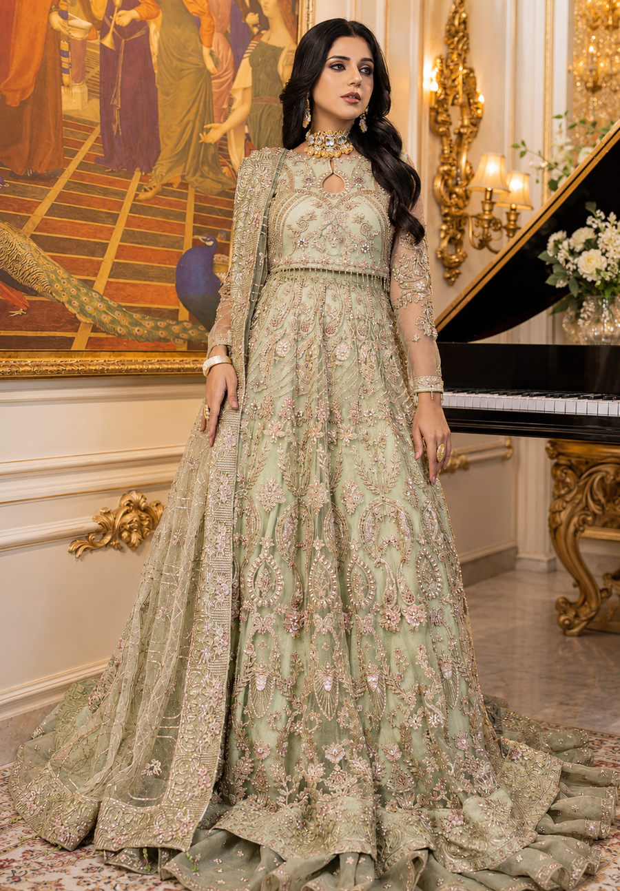 Irtiqa Ali Sage Green & Gold Net embroidered dress fabric view 1