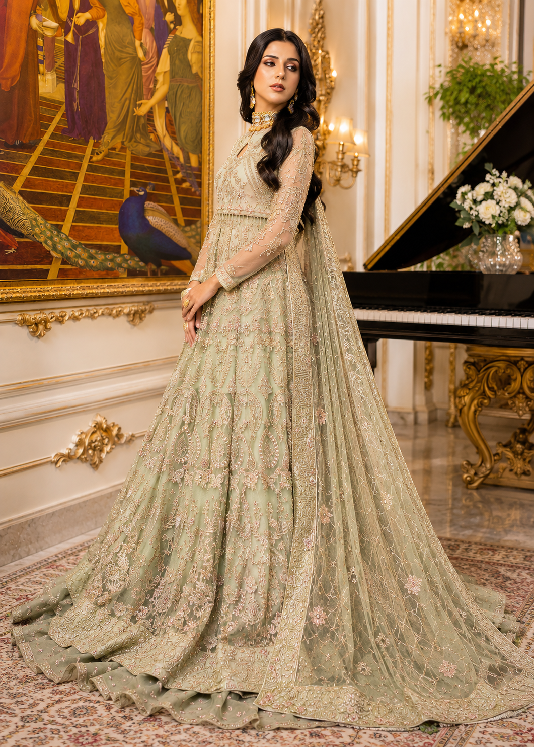 Irtiqa Ali Sage Green & Gold Net embroidered dress fabric view 2