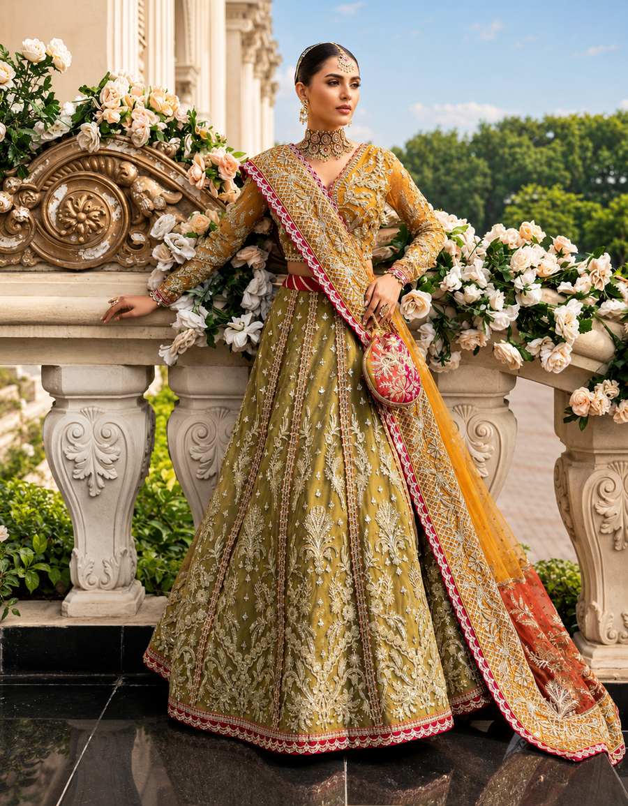 NOOSHAM Olive Green & Mustard Yellow Net embroidered dress fabric view 1