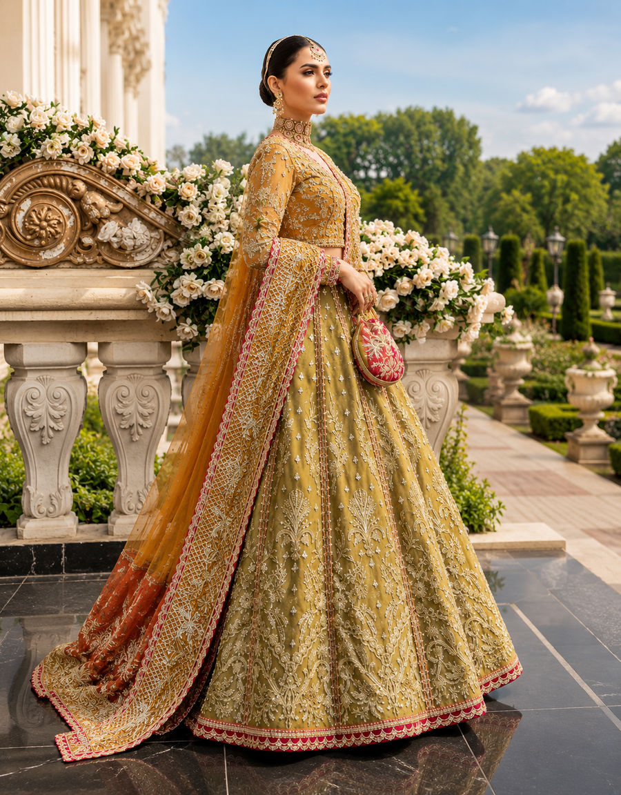 NOOSHAM Olive Green & Mustard Yellow Net embroidered dress fabric view 2