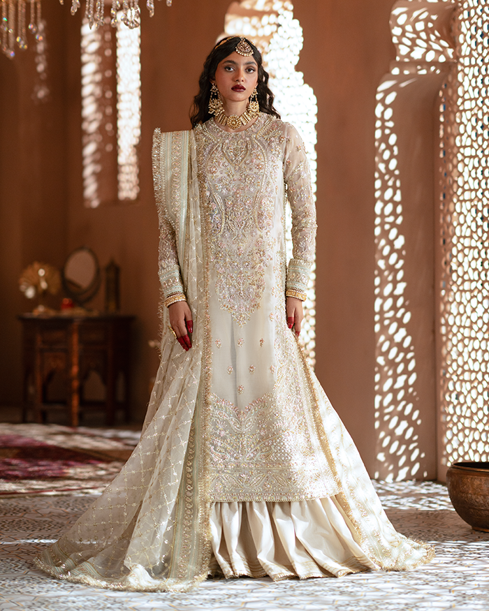Zevk Ivory & Gold Lawn embroidered dress fabric view 1