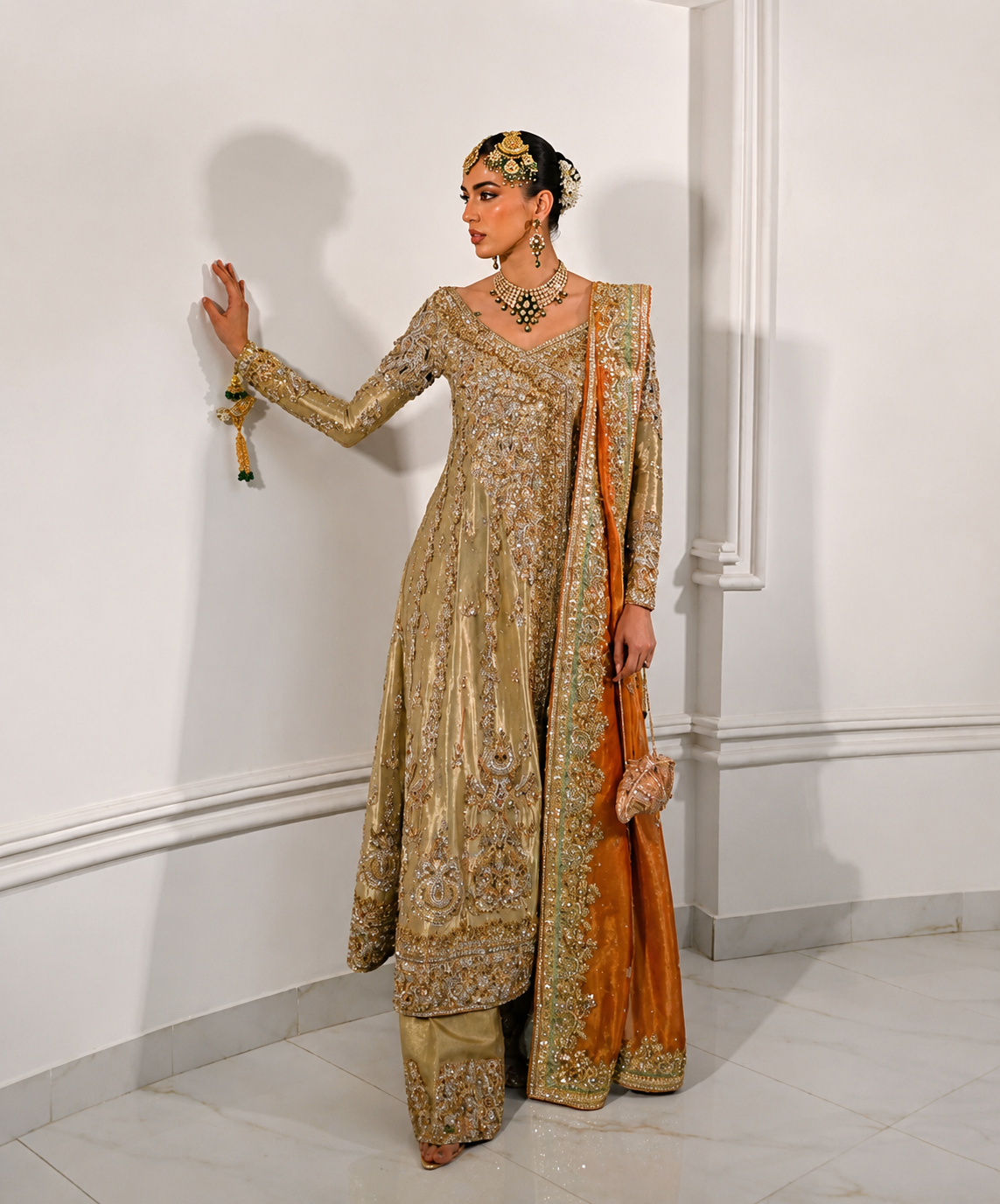 Haris Shakeel Antique Gold & Silver Lawn embroidered dress fabric view 2