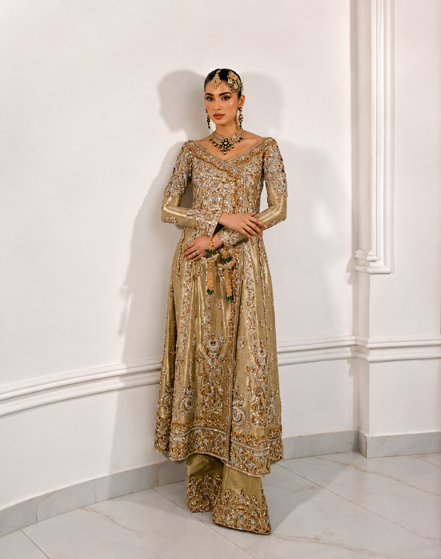Haris Shakeel Antique Gold & Silver Lawn embroidered dress fabric view 1