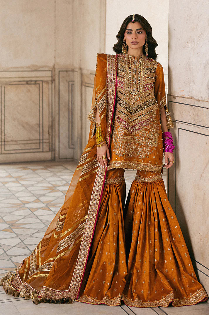 Mohsin Naveed Ranjha Burnt Orange & Magenta Lawn embroidered dress fabric view 1