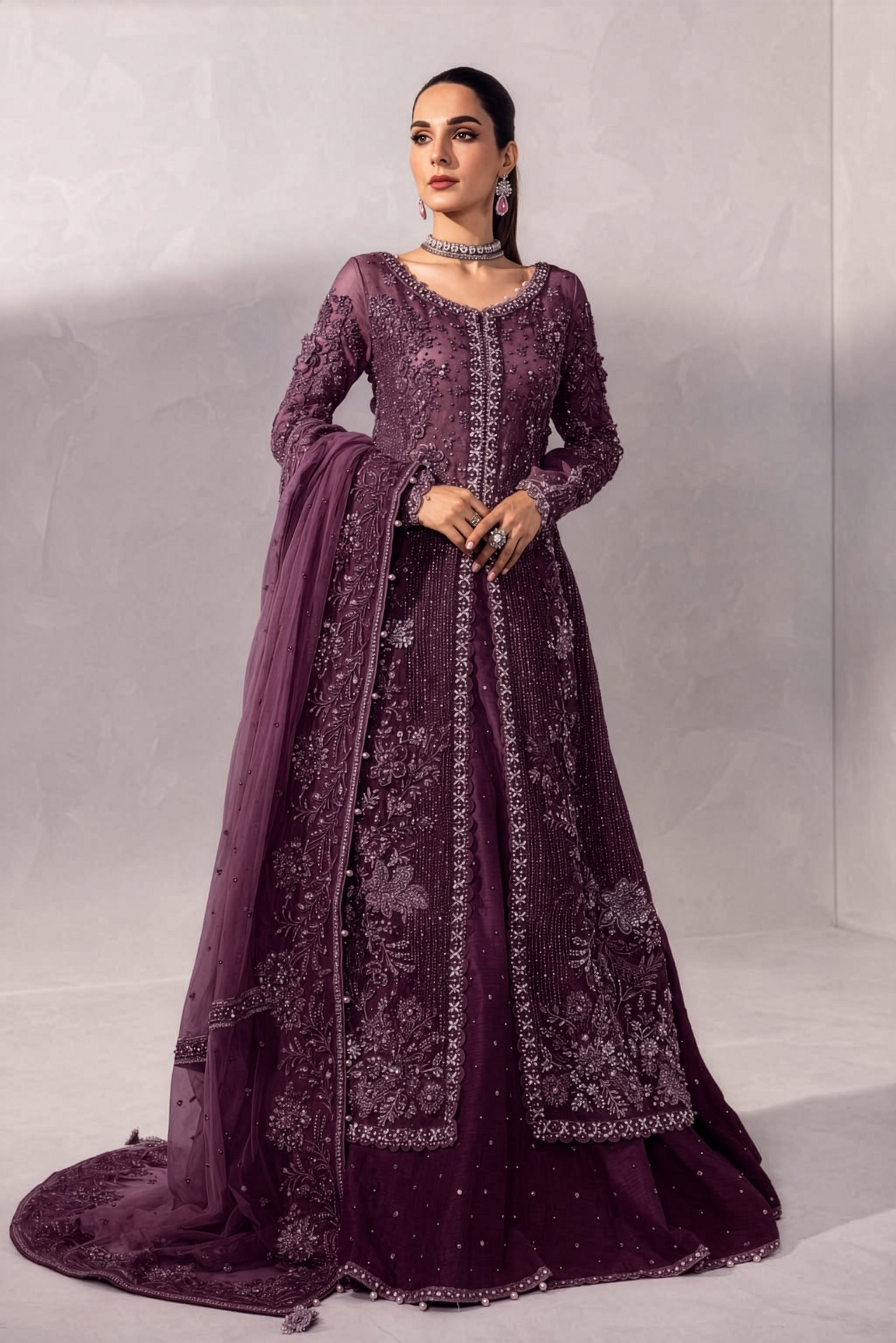 Maria B Gown Style Plum & Silver Embroidered embroidered dress fabric view 1