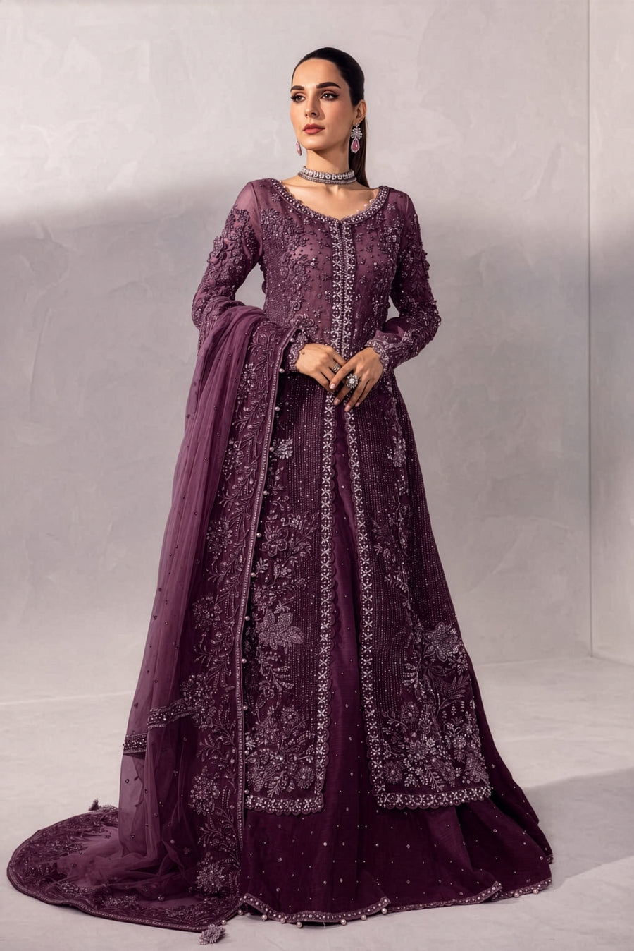 Maria B Gown Style Plum & Silver Embroidered embroidered dress fabric view 1