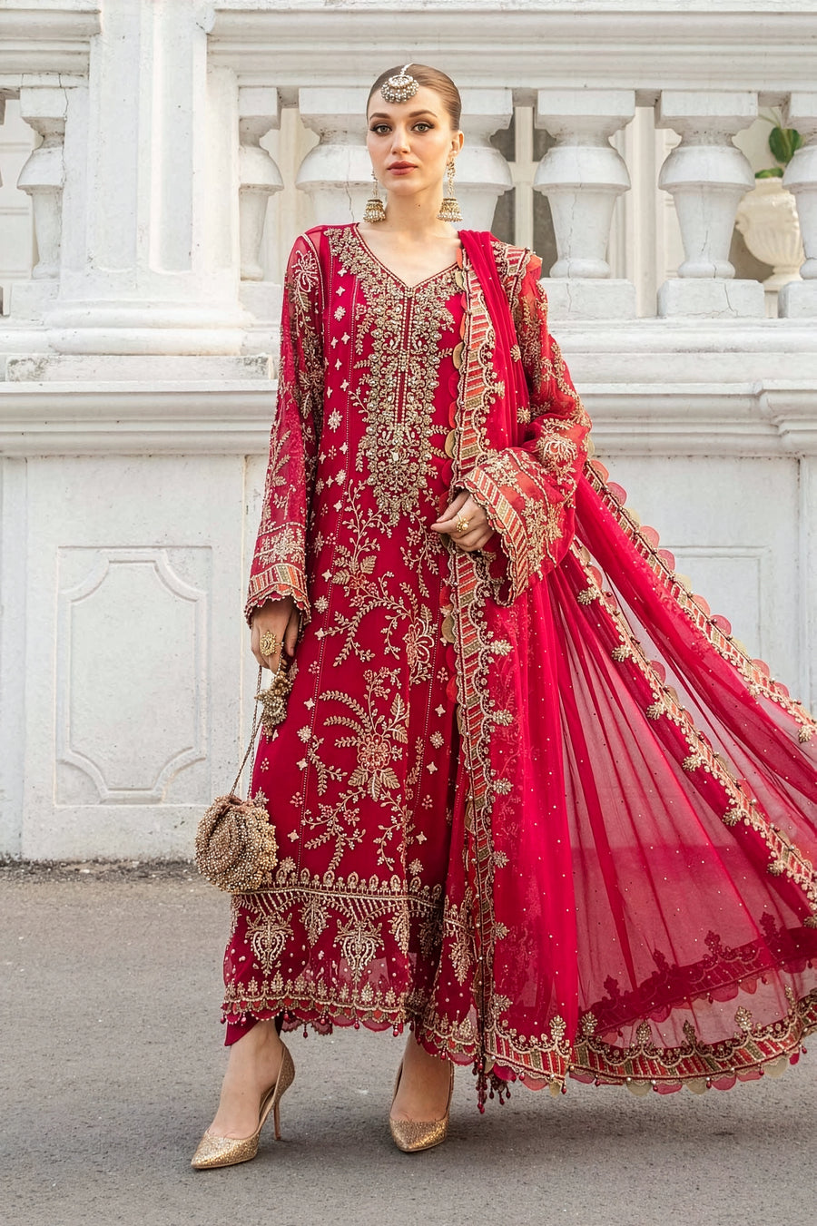 Maria B Fuchsia & Gold Silk Pakistani occasion suit view 1