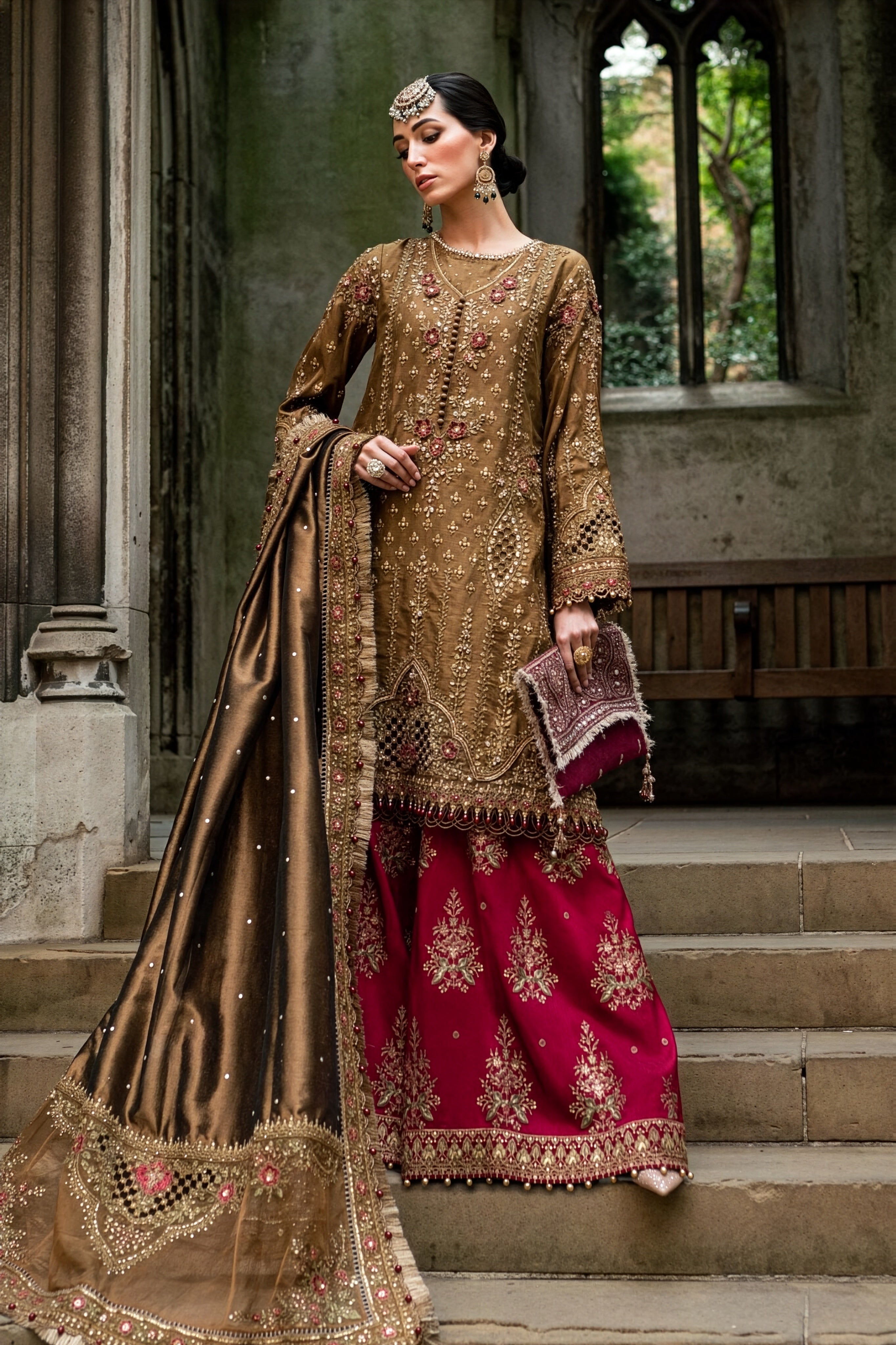 Maria B Brown & Magenta Silk Pakistani occasion suit view 1